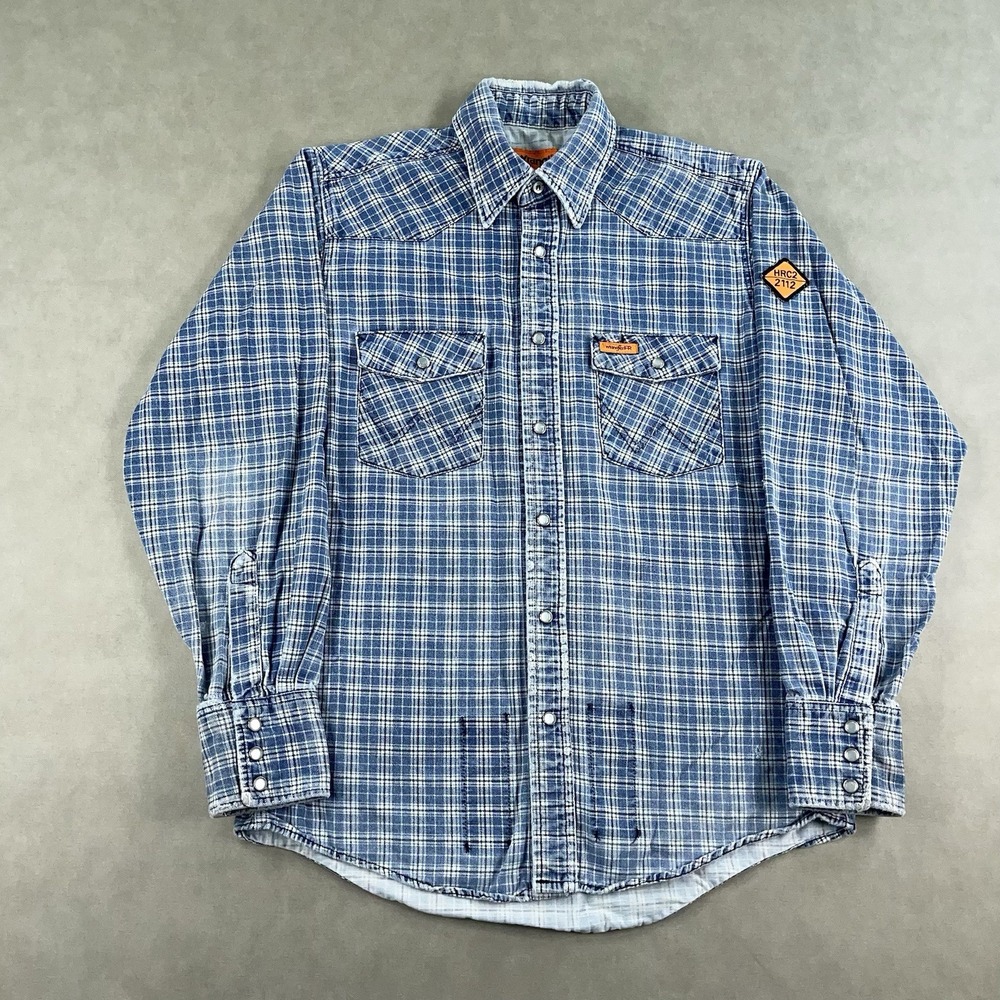 Wrangler Flame Resistant Medium Western Pearl Snap Plaid Work Shirt Distressed